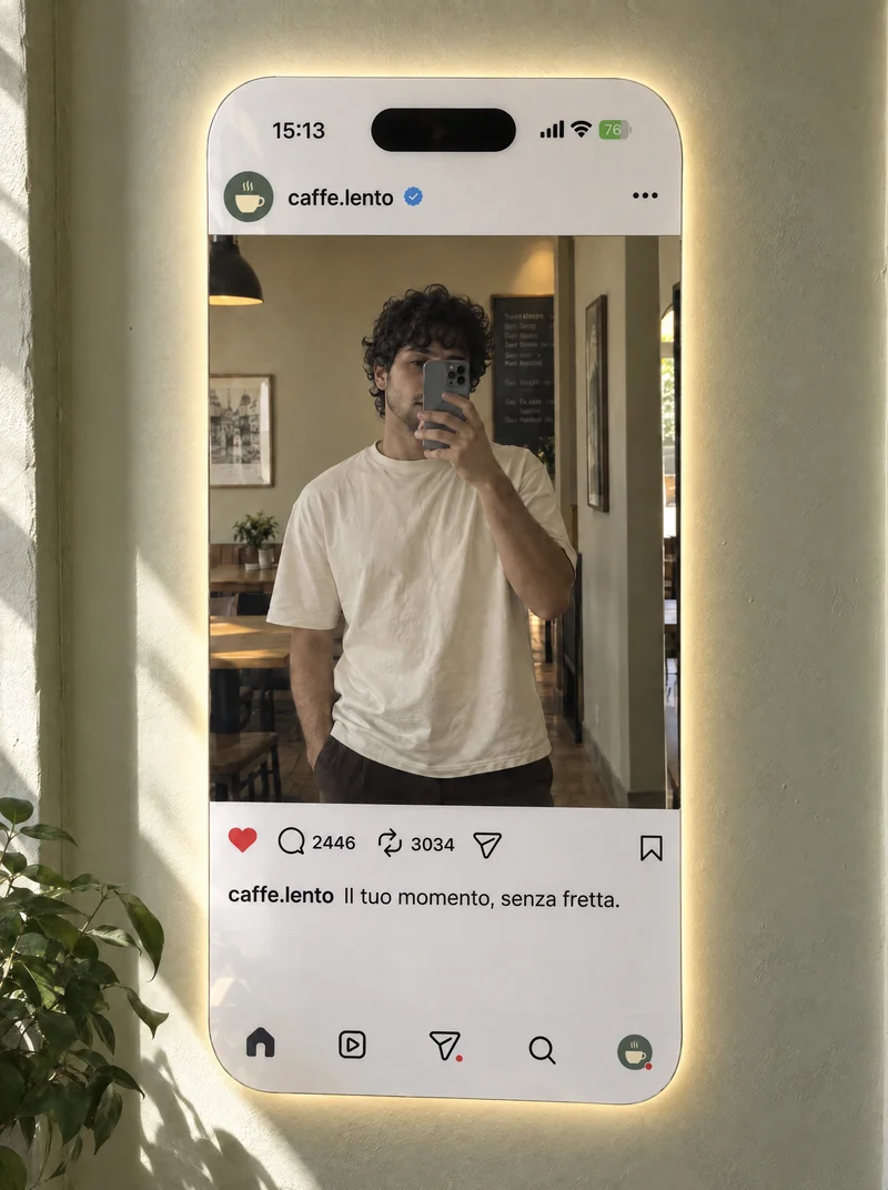 Concept Caffè Lento: selfie nello specchio personalizzato con retroilluminazione bianco caldo