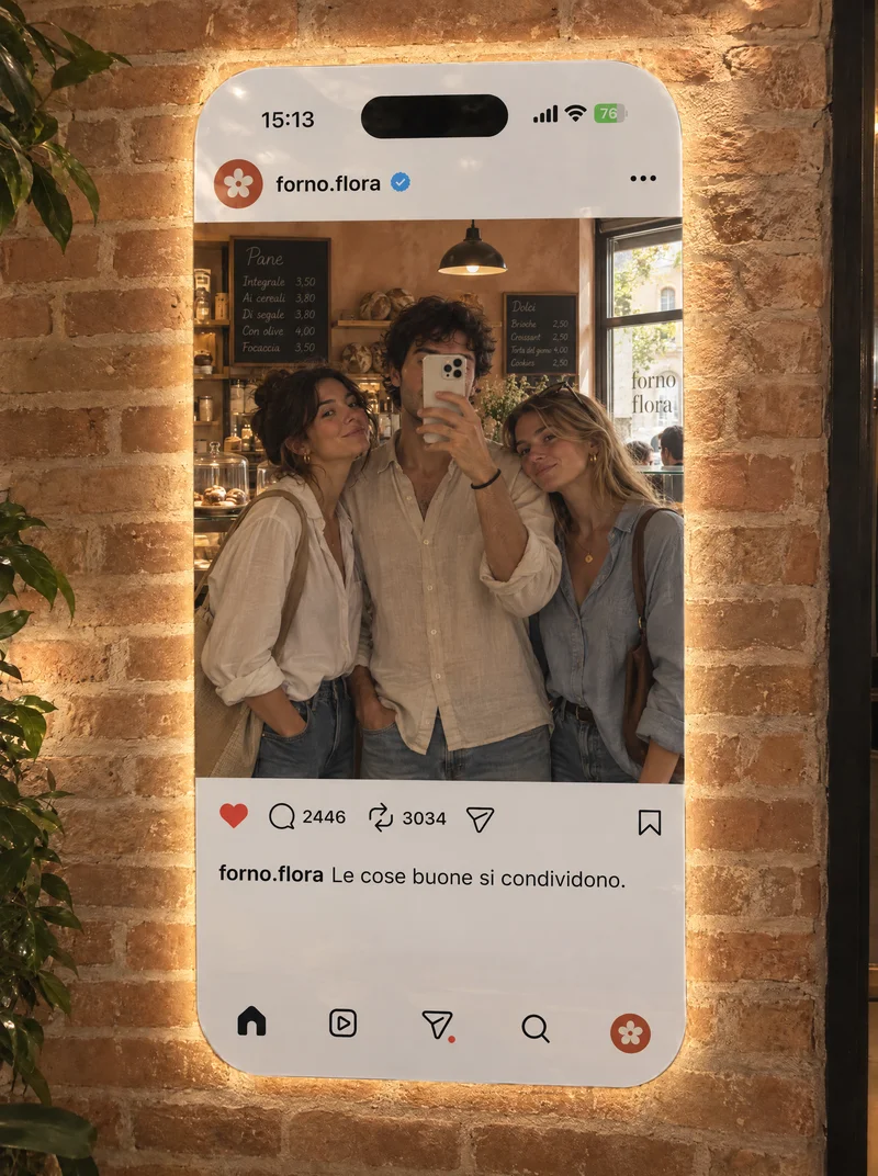 Concept Forno Flora: selfie nello specchio personalizzato con retroilluminazione bianco caldo