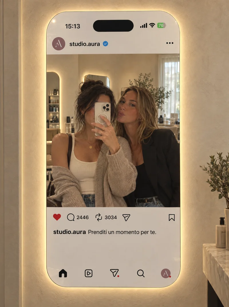 Concept Studio Aura: selfie nello specchio personalizzato con retroilluminazione bianco caldo