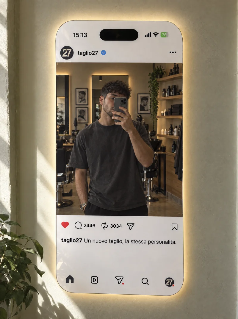 Concept Taglio 27: selfie nello specchio personalizzato con retroilluminazione bianco caldo